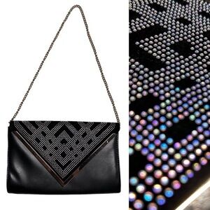 Sparkly Jeweled Faux Leather Envelope Purse with Gold Chain Magnetic Closure